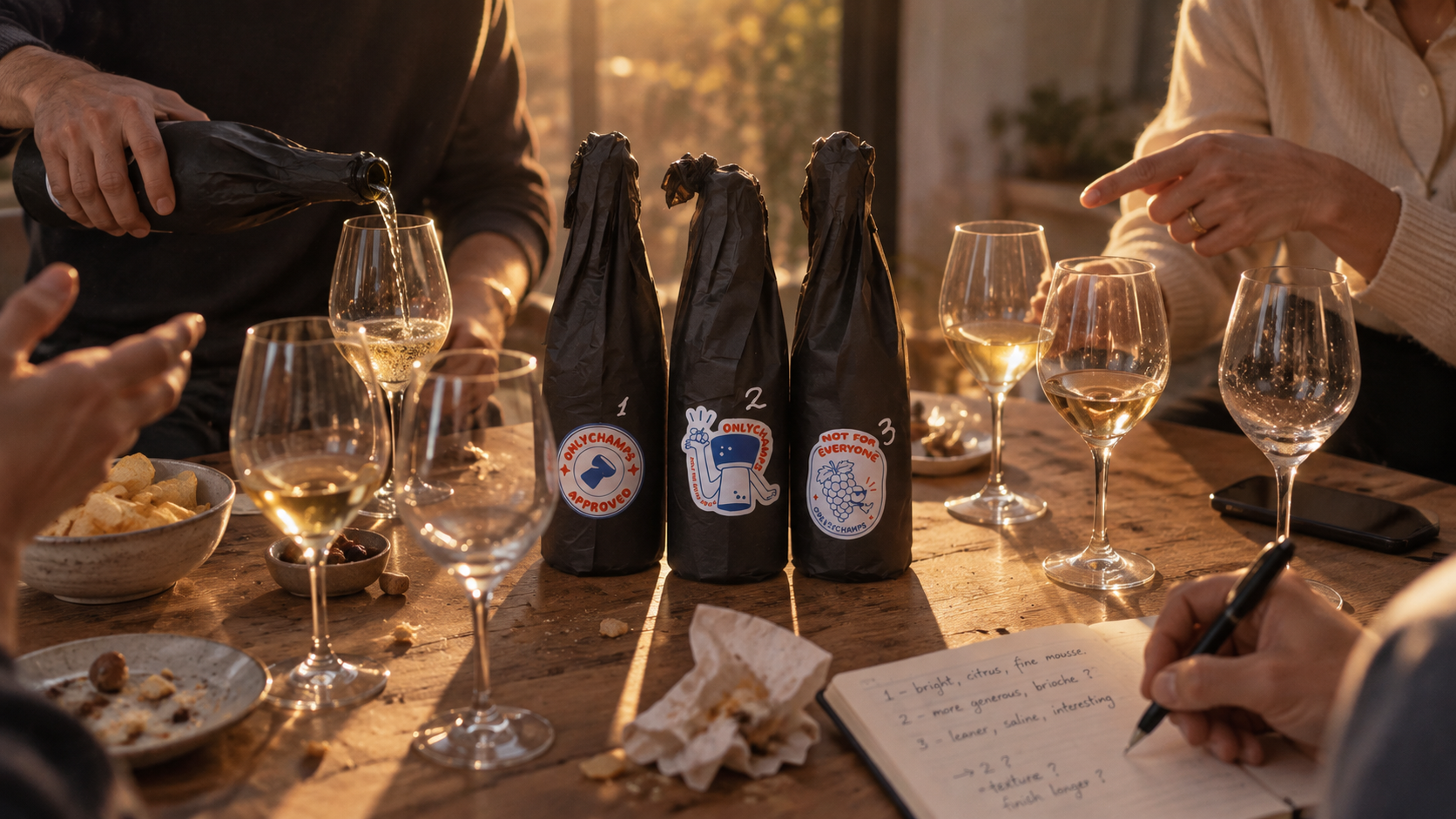 Vier personen vergelijken champagne tijdens een proeverij met drie blind verpakte OnlyChamps flessen, wijnglazen en proefnotities aan tafel.
